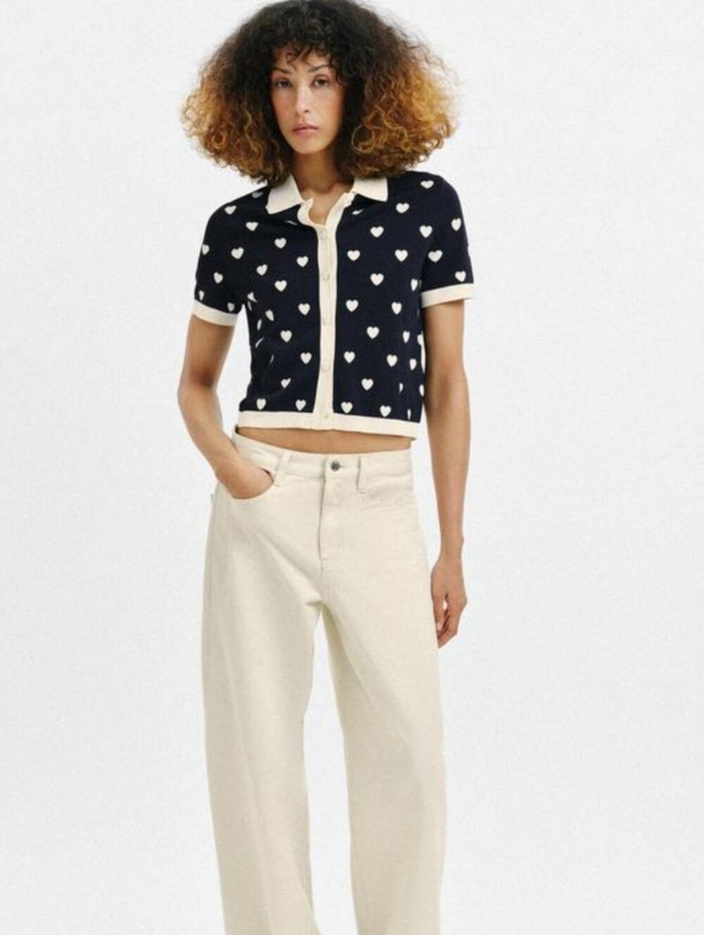 ZARA Navy/Cream Knit Heart Polo Top